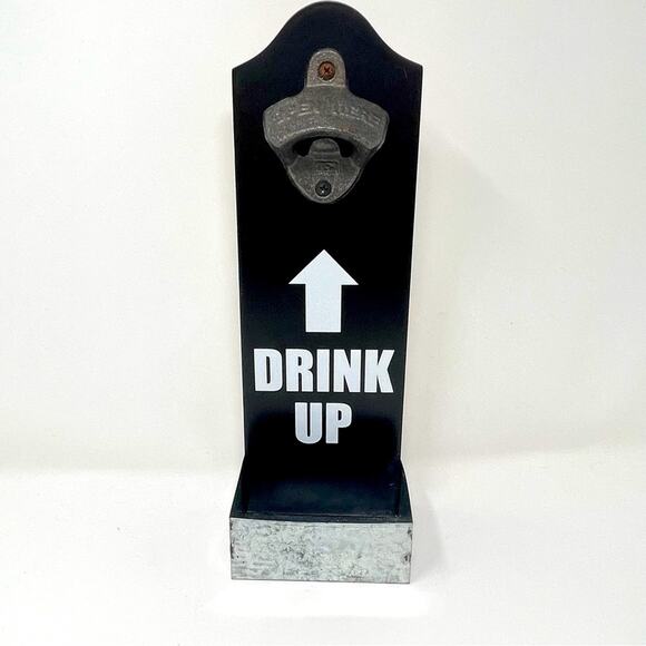 Black Wooden Wall Mounted Bottle Opener with Bottle Cap Tray - Picture 1 of 8